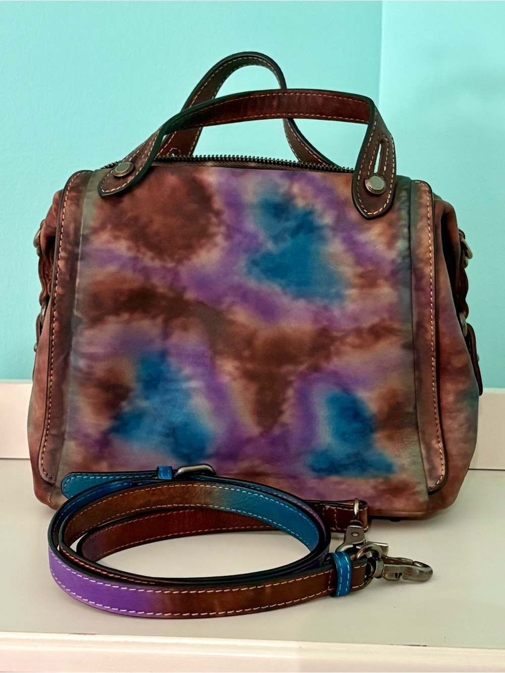 Tie-Dye Leather Satchel Bag in Purple, Blue & Brown
